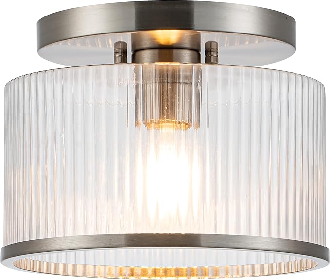 Zlepmlla Glass Ceiling Light, Clear Ribbed Glass Ceiling Light Fixture with Nickel Metal Frame, Modern Semi Flush Mount Ceiling Light for Hallway,Entryway, Bedroom, Bathroom, Kitchen