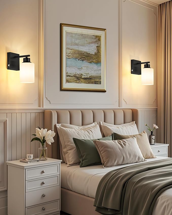 Wall Sconces Battery Operated Set of Two, Modern, White Glass, Black | Dimmable, Easy Install Rechargeable Wall Lights with Timer Remote for Living Room Bedroom, Emergency 3000K