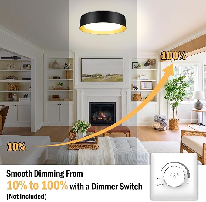 BrightHome Flush Mount Ceiling Light, 13in Modern Ceiling Light 3/4/5000K | 25W Bathroom Ceiling Light Fixture, Dimmable LED Flush Mount Light for Bedroom, Hallway, Entryway and Kitchen, Black & Gold