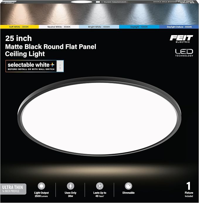 Feit Electric 25in Selectable White Ceiling Light, 2500 Lumens, 5 Color Temperatures (2700K-6500K), Dimmable, 36W Flush Mount, Perfect for Office, Kitchen, and Living Spaces, FM25LP6WYBK