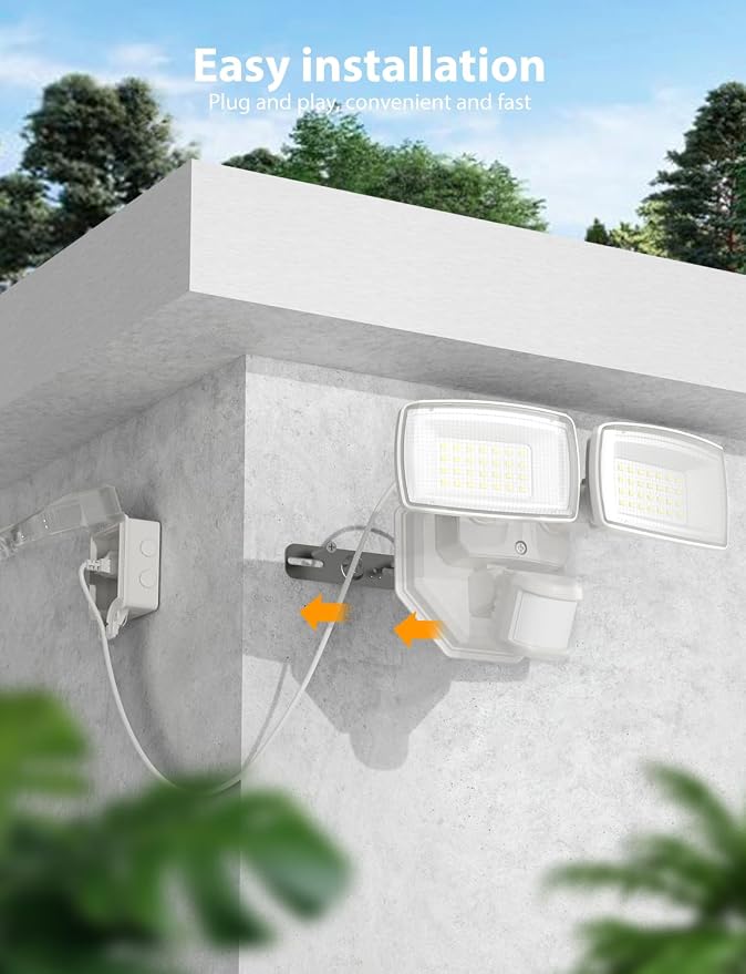 Onforu 32W Plug in Motion Sensor Lights Outdoor, 3200LM Motion Flood Light Dusk to Dawn, IP65 Waterproof Led Security Light Outside, 2 Heads Motion Activated Wall Light for Garage, Porch, Yard - White