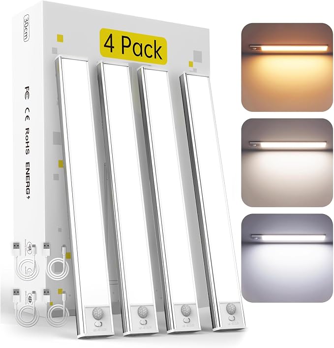 DAYBETTER 12inch Under Cabinet Lighting,4 Pack Motion Sensor Light Indoor | Rechargeable LED Light,3 Color Temps,5 Levels Dimmable,Magnetic Closet Light,Wireless Under Counter Lights for Kitchen,Stairs