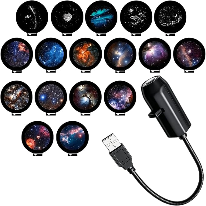 Plug and Play Star Projector Night Light, 2-in-1 Galaxy Projector Night Light, 360° Flexible Neck, Interchangeable Theme Discs, Portable Galaxy Lamp for Bedroom, Party, Home Theater(17 Slides)