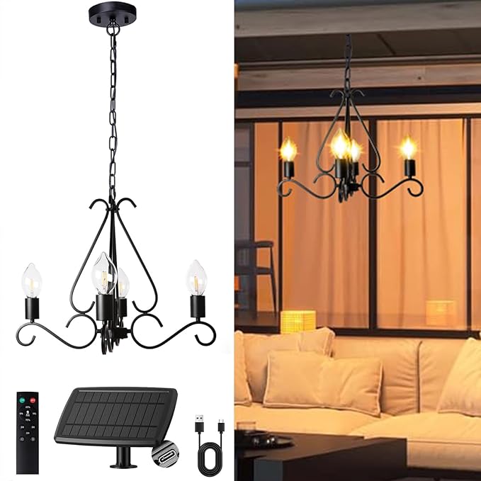 Solar Chandelier Outdoor, 4-Lights 23" Rustic Farmhouse Industrial Iron Chandeliers Waterproof Dimmable Hanging Pendant Lights for Gazebo, Pergola, Canopy, Tent Decor