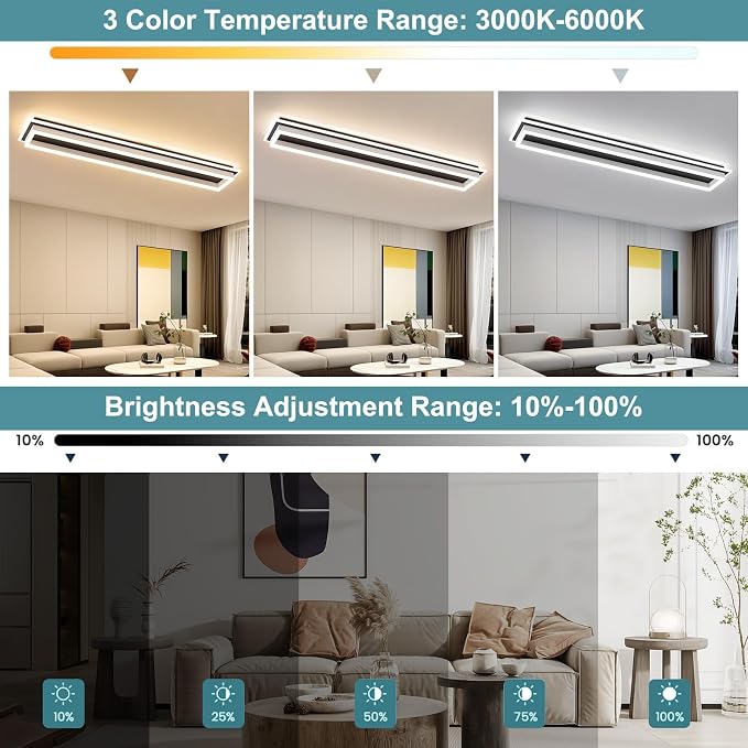 Dimmable Led Ceiling Light with Remote Control Modern Linear Flush Mount Ceiling Lighting Fixture Acrylic Long Ceiling Lamp for Living Room Kitchen Dining Room Hallway (Black&White,39.3inch)