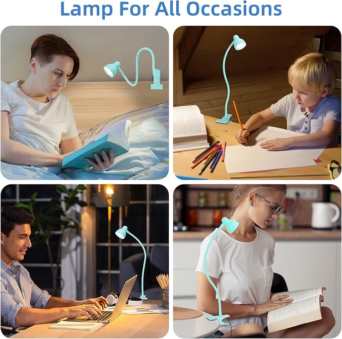 Clip on Reading Light for Bed 3 Color Modes Teal | 10 Brightness Dimmable, Flexible Gooseneck Clip on Lamp, Eye Care Clip Light for Bed Headboard Desk Home Dorm