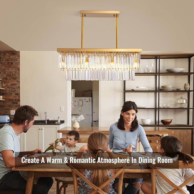 Siljoy Rectangular Gold Crystal Chandelier for Dining Room, 8-Light Modern K9 Crystal Raindrop Chandelier, Luxury Crystal Ceiling Light for Living Room Kitchen Island L31.5'' x W10'' x H10''