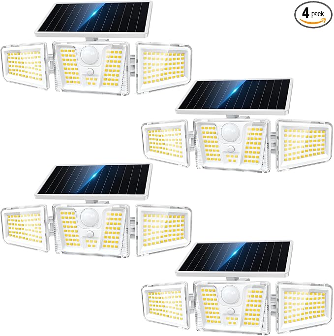 KOOPER Solar Flood Lights, 210 LED Motion Sensor Outdoor Lights, Solar Motion Lights Outdoor Waterproof, 3 Heads 300° Wide Angle Outdoor Security Lights for Yard Patio Garage Entryways, 4 Pack, White