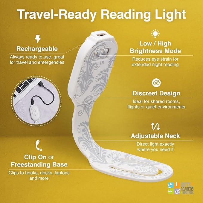 Gifts for Readers & Writers Rechargeable Book Light, Clip On Reading Light for Bed, 2in1 Flexilight & Bookmark, 12 Hours of Light Once Charged, Includes USB Cable & 2 LED Lights, White Flowers