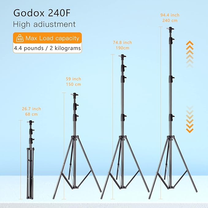 Godox Aluminum Photography Light Tripod Stand for Studio Photographic Lighting, Softboxes, Umbrellas, Backgrounds - 240CM, 94 Inches