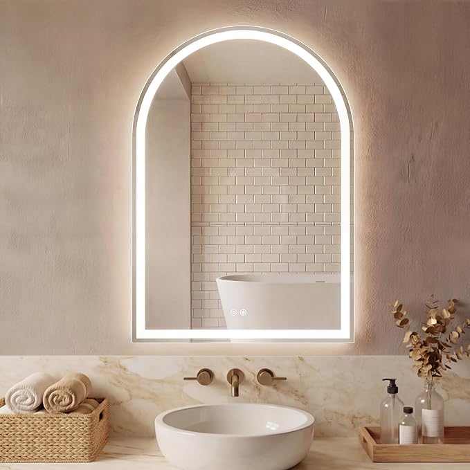 Sweetcrispy Arched LED Bathroom Mirror with Lights, Vanity Mirror, 28"x36" | Anti-Fog, Dimmable, 3-Color Light, Backlit, Memory Function, Tempered Glass