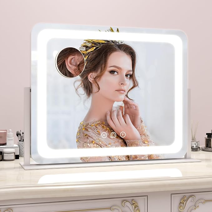 ROLOVE Large Vanity Mirror with Lights, 22"x17" Lighted Makeup Mirror for Desk, 3 Color Dimmable LED Lights, Smart Touch Control & 360° Rotation Tabletop Dresser Mirror (White)