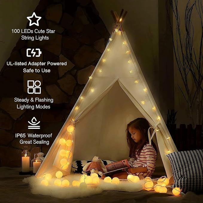 Star String Lights Plug in - 33 ft 100 LED Star Fairy String Lights with Remote and Timer, Waterproof for Bedroom Porch Wedding Party Patio Garden Tent Indoor Outdoor Décor, Warm White | 100 LED Star Bulbs, Connectable, Adjustable Brightness, Waterproo...