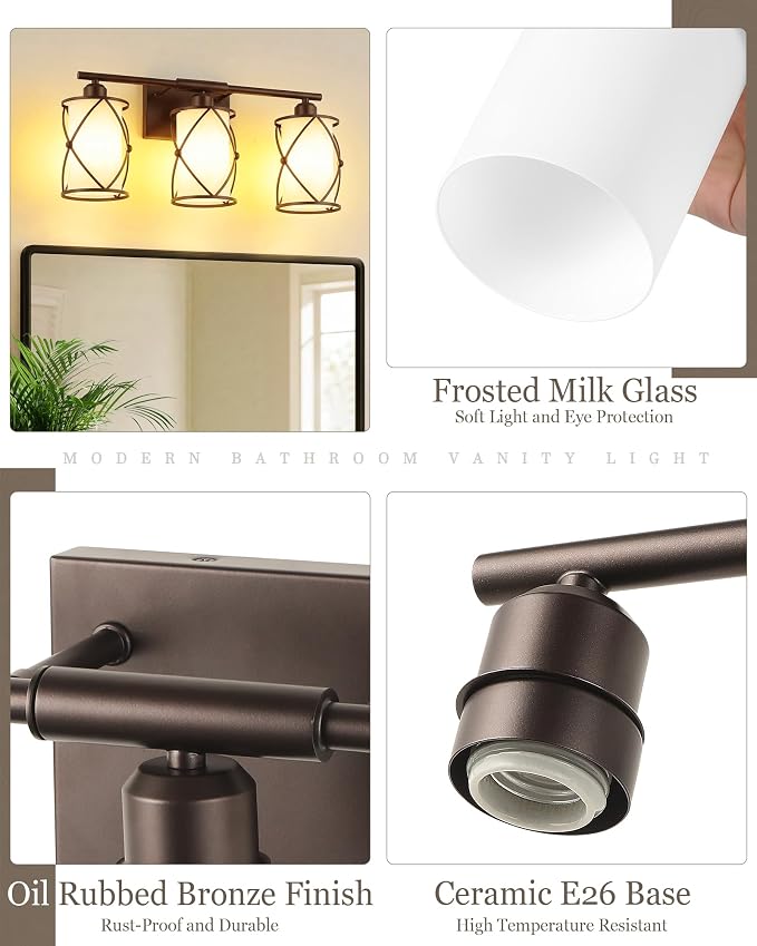 3-Light Oil Rubbed Bronze Bathroom Light Fixtures Over Mirror, 21" UL-Listed Modern Farmhouse Wall Sconce Lights with Milk White Frosted Glass and Metal Cage for Bath, E26, CH9176ORBW-3W