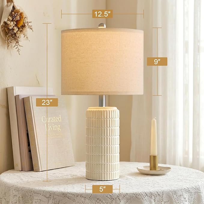 PoKat 23’’ Dimmable Table Lamps Set of 2 with Remote for Living Room, White | Modern Bedside Lamps for Bedroom, Stepless Adjustable, Farmhouse Ceramic Lamp for Nightstands, Blubs Included, No Battery