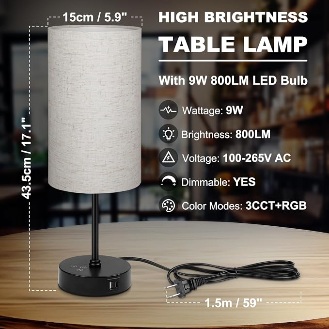 17Inch Table Lamp for Bedroom, Touch Control Bedside Lamp for Reading, 3 CCT & 7 RGB Color Changing, Dimmable Nightstand Lamp for Kids Room Living Room Office, Beige Shade
