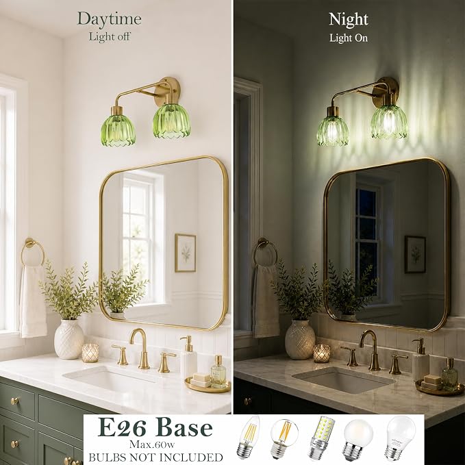 2-Light Gold Brass Bathroom Light Fixture,Wall Sconces,Brushed Gold Vanlity Light Over Mirror,Bathroom Vanity Light with Green Glass Flower Shade,E26 Socket(Bulbs Not Included)