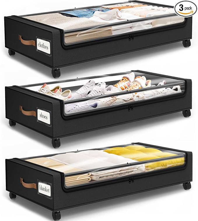 Under Bed Storage with Wheels 3Pack Storage Containers with Clear Window | Under Bed Drawers Rolling Under Bed Storage for Clothes,Shoes, Blankets (30.71 x 16.93 x 6.69 in, Black)