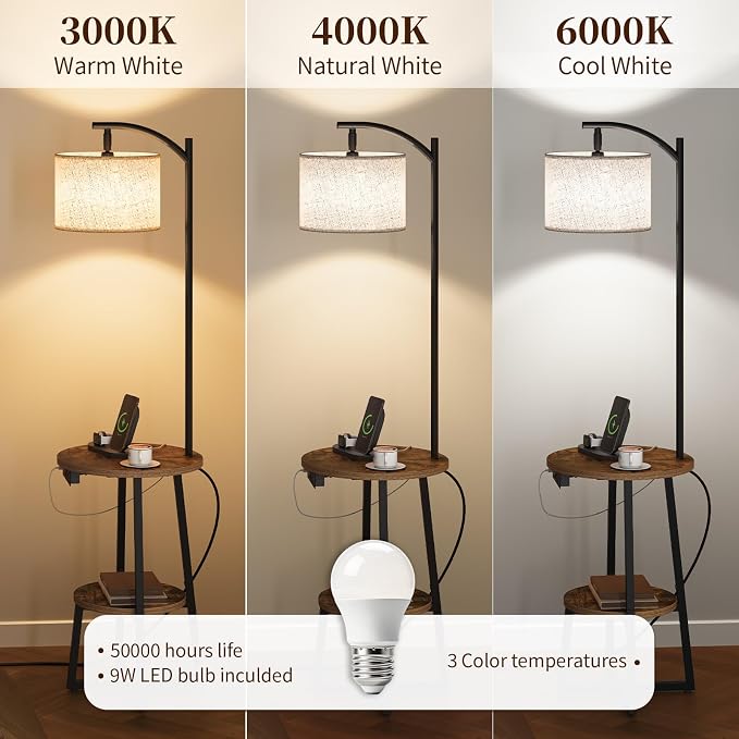 Yoobure Floor Lamp with Table - Farmhouse Night Stand with Charging Station | Side Table with Floor Lamps for Living Room, Bedroom, End Table with Lamp Attached 3 Color Temperatures Bulb, 2 Tier Shelves