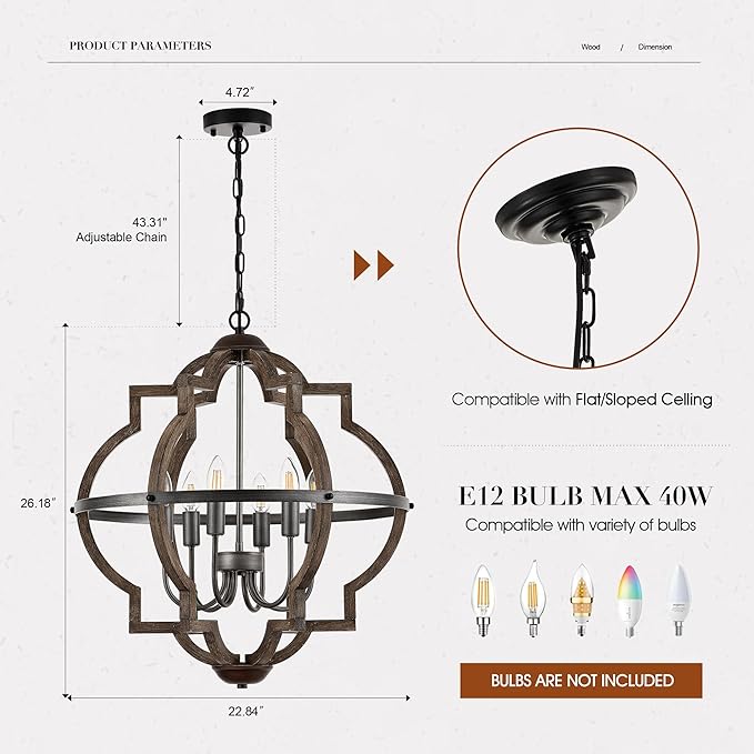 6-Light Wood Farmhouse Chandelier for Dining Room 23'' Vintage Rustic Pendant Light Fixtures Lighting for Hallway Entryway Foyer Kitchen Living Room