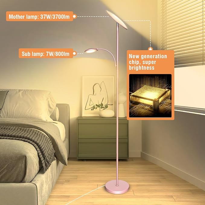 marctronic Pink Floor Lamps for Living Room, 44W/4500LM Super Bright 2 in 1 LED Floor Lamp with Remote, Stepless Dimmable, 69" Tall Standing Floor Lamp with Bendable Reading Light for Bedroom Office