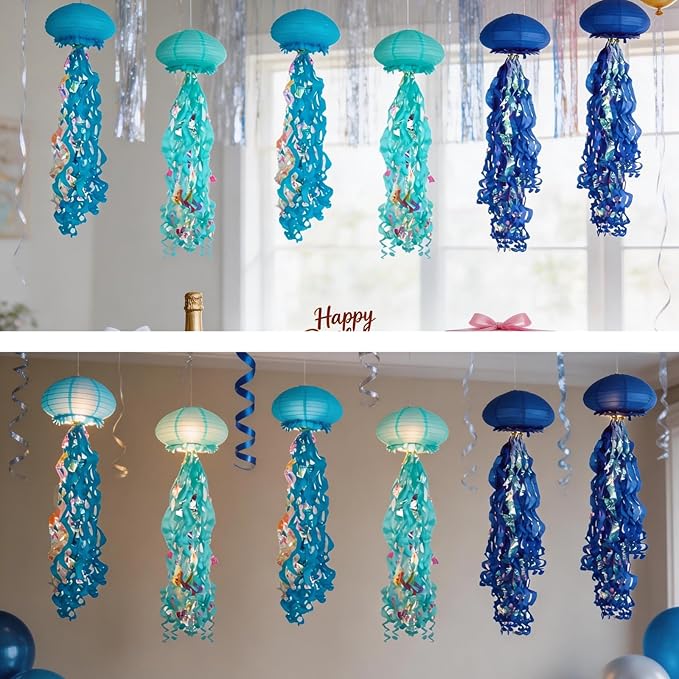 Jellyfish Paper Lanterns with LED Lights Set of 6, Blue Mix Oval Hanging Floating Decorations for Under The Sea Party Mermaid Birthday Ocean Classroom Beach Room Aesthetic