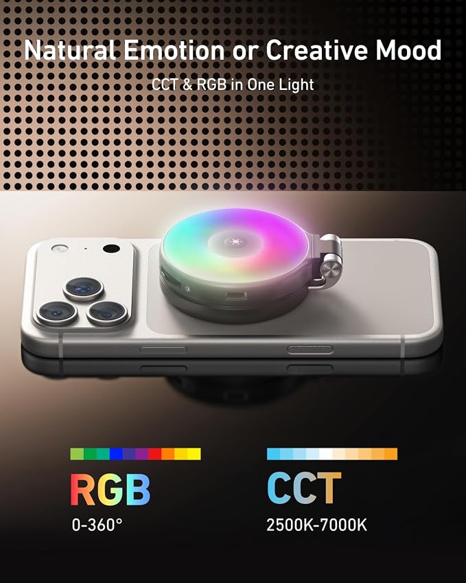 TELESIN Upgraded 4-in-1 Magnetic RGB Selfie Ring Light with Mirror & Phone Stand, Rechargeable Portable Clip On Fill Light for iPhone Samsung TikTok, Vlogging, Makeup, Photography, Streaming (Black)