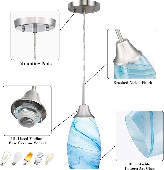 Mini Glass Pendant Light with Handblown Blue Marble Art Glass Shade Adjustable Cord Modern Oval Lamp Ceiling Pendant Light Fixture for Dining Room, kitchen,Foyer, Hallway, Brushed Nickel Finish 3 Pack