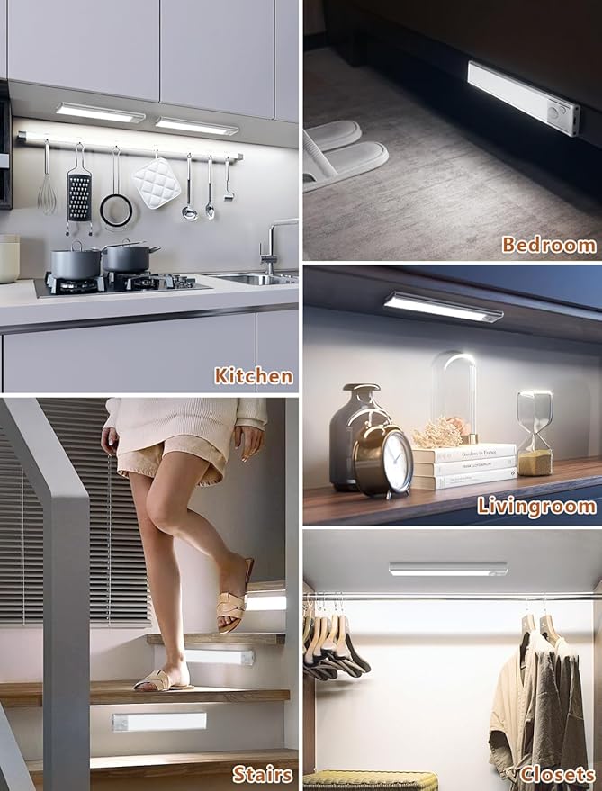 Under Cabinet Rechargeable Lighting: 8 Inch Motion Sensor Dimmable Lights Indoor - Battery Operated Lights - Wireless Closet Light Magnetic Led Light for Kitchen Home Bathroom Counter 5 Pack
