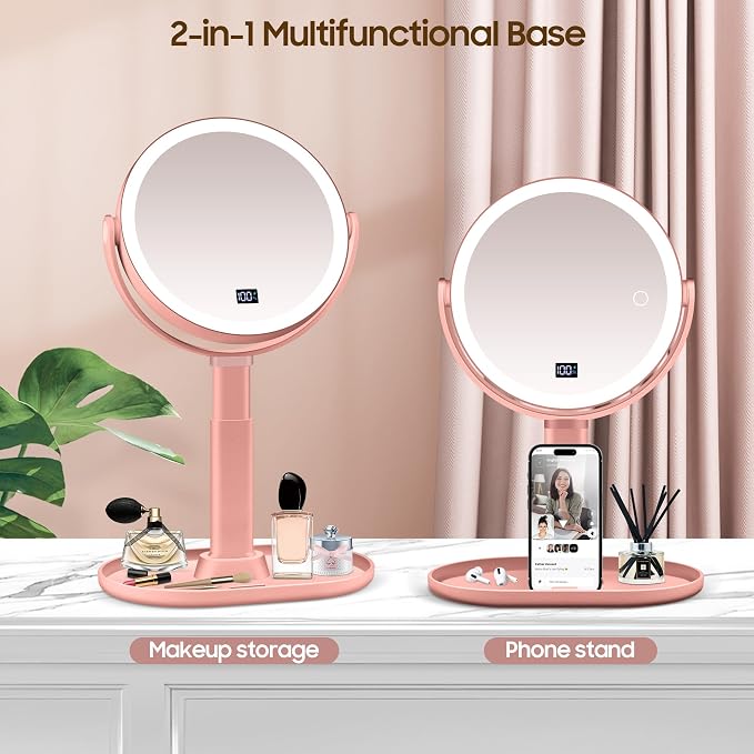 Makeup Magnifying Mirror with Light 30X/1X, Digital Display, 2-Sided Touch Control, Makeup Mirror with 3 Color Lights,360° Rotate, Height Adjustable Lighted Magnifying Mirrors for Desk Travel