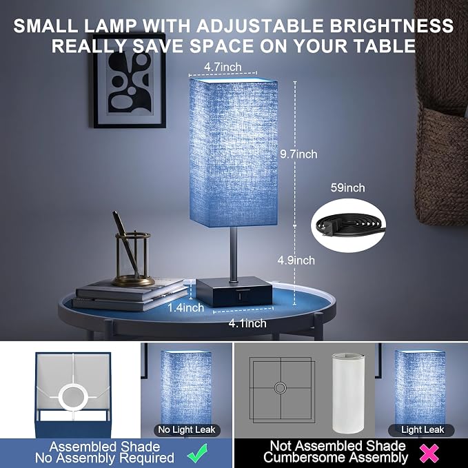 Nightstand Lamps for Bedroom Touch Bedside Table Lamp with USB C+A | Navy Blue Lampshade 14-inch, 3 Way Dimmable Small Bedside Lamps for Living Room ,Dorm, Office, Home Decor, LED Bulbs Included