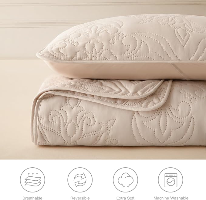 Whale Flotilla King Quilt Bedding Set Vintage Damask Reversible Bedspread | Suitable for Bed, 3 Pieces Brich Beige Lightweight Breathable Quilt King Size, Ultrasonic Coverlet with 2 Pillow Shams