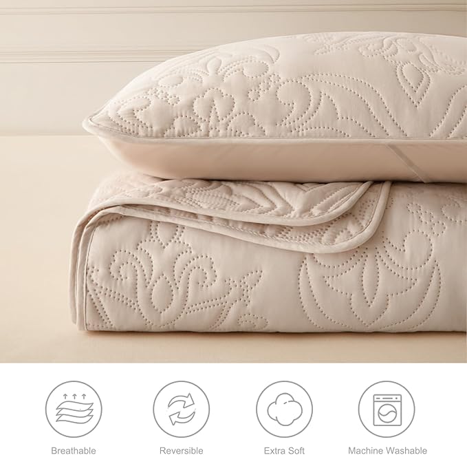 Whale Flotilla Queen Quilt Bedding Set Vintage Damask Reversible Bedspread | Suitable for Bed, 3 Pieces Brich Beige Lightweight Breathable Quilts Queen Size, Ultrasonic Coverlet with 2 Pillow Shams