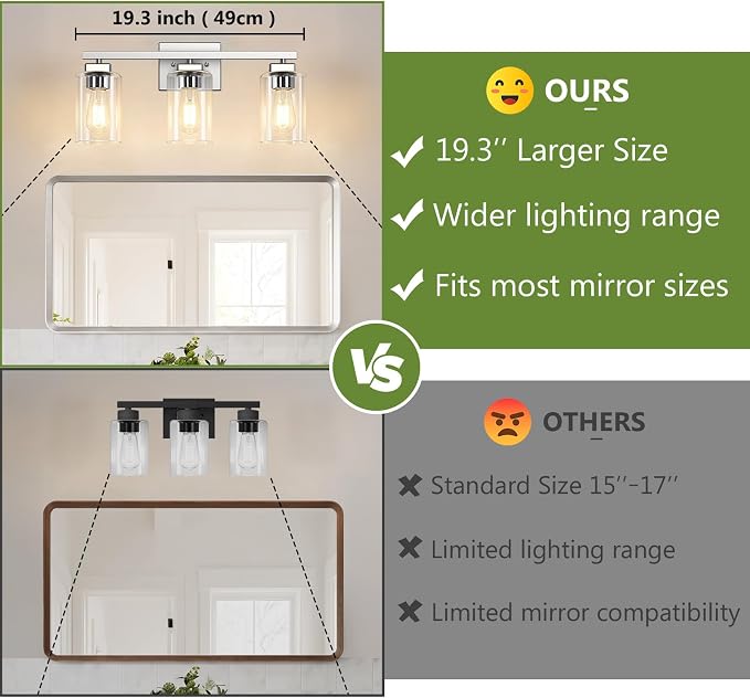 19” Bathroom Light Fixtures, 3-Light Vanity Light Brushed Nickel | Square Clear Glass & Durable Metal, Quick & Easy Installation, Standard E26 Socket, Bright Bathroom Lighting