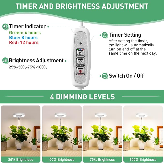 LORDEM Plant Grow Light, Full Spectrum Halo Desk Light, Height Adjustable 7.8"-26", LED Growing Lamp, Automatic Timer 4H/8H/12H, 4 Level Dimmable, Ideal for Indoor Plants, White, 3 Pack