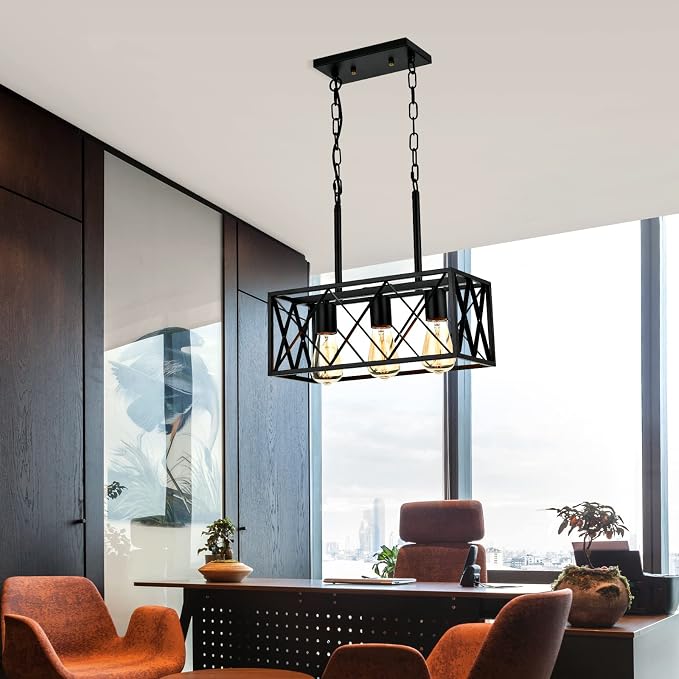 KEESFU Black 3-Light Farmhouse Chandelier, Dining Room Light Fixture | Farmhouse Dining Room Light Fixture with Adjustable Height, Kitchen Island Pendant for Dining Table & Over Sink, Living Room