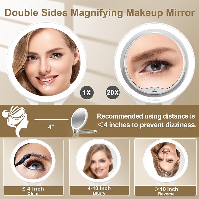 Mocado 1X/20X Magnifying Mirror with Light, Travel Makeup Mirror with Light | Double Sides Travel Mirror with 3 Color Light, Dimmable Touch, 1500mAh Rechargeable, Brightness Adjustable(White)