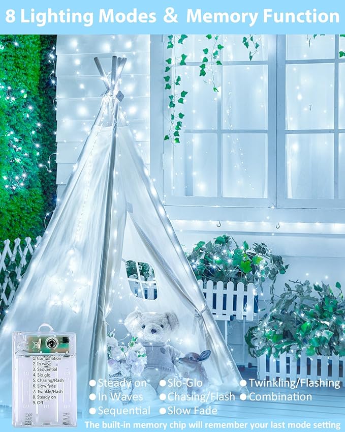 4 Pack 60LED Christmas Battery Operated Fairy Lights with Remote, 8 Modes String Lights with Timer, Dimmable, Memory Function, Waterproof Twinkle Lights for Outdoor Indoor Christmas Decor(Cool White)