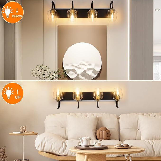 Black Bathroom Light Fixtures - 4-Light Vanity Light with Clear Glass Shades, 33.07'' Industrial Gold Wall Lights for Bedroom Hallway Living Room Kitchen