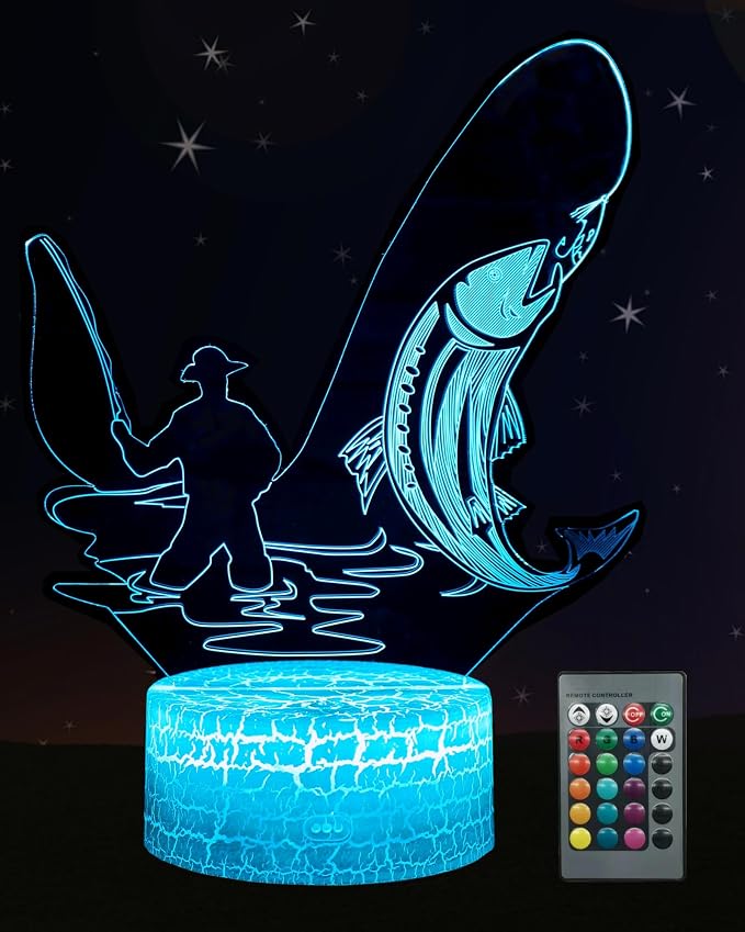 Fish 3D Illusion Lamp, Fishing Gift Night Light, 16 Colors Changing | Dimmable, Touch & Remote Control, Room Bedroom Decor, Birthday Father's Day Christmas for Boy Girl Toy Kid Teenage Men