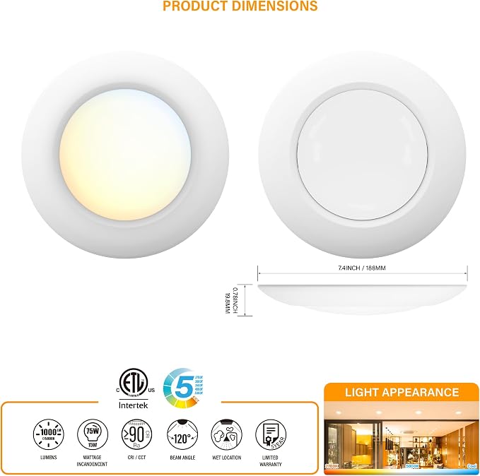 6 Inch LED Low Profile Disk Light with Dusk to Dawn Sensor, 120VAC, 15W, 5CCT Color Changing, 1000LM, Non-Dimmable, ETL, Shower Rated Screw in Photocell Ceiling Light, White/8 Packs