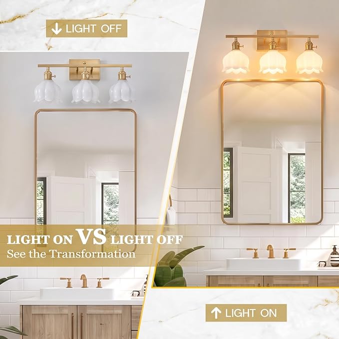 3-Light Vintage Bathroom Vanity Light, 19.4" Brass Hardwired Wall Sconce with Amber Tulip Glass Shades, Brushed Gold Vanity Light for Mirror, Restroom, Bedroom (White, 3-Light)