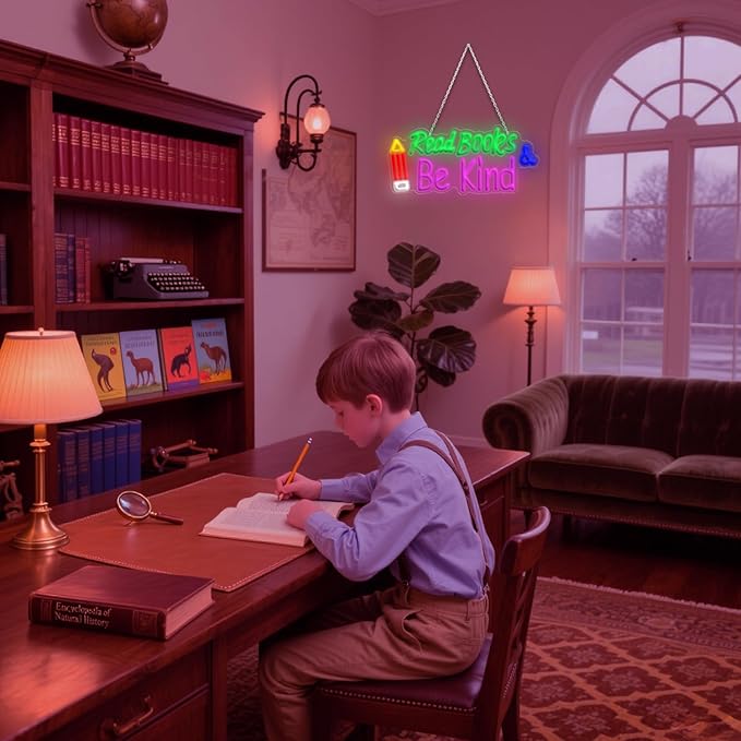 Read Books and Be Kind Neon Sign, Adjustable Pencil Neon Light Student LED Neon Light, Colorful Neon Light Up Sign for Classroom Bookstore Library Study Room 15.35 x 7.09 inch
