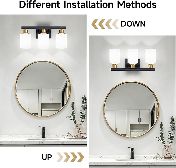 3-Light Vanity Lights,Black and Gold Bathroom Light Fixtures,17" | Modern Black Vanity Lights with White Frosted Glass Shade,Bathroom Lighting Fixtures over Mirror Wall Lamp Sconces