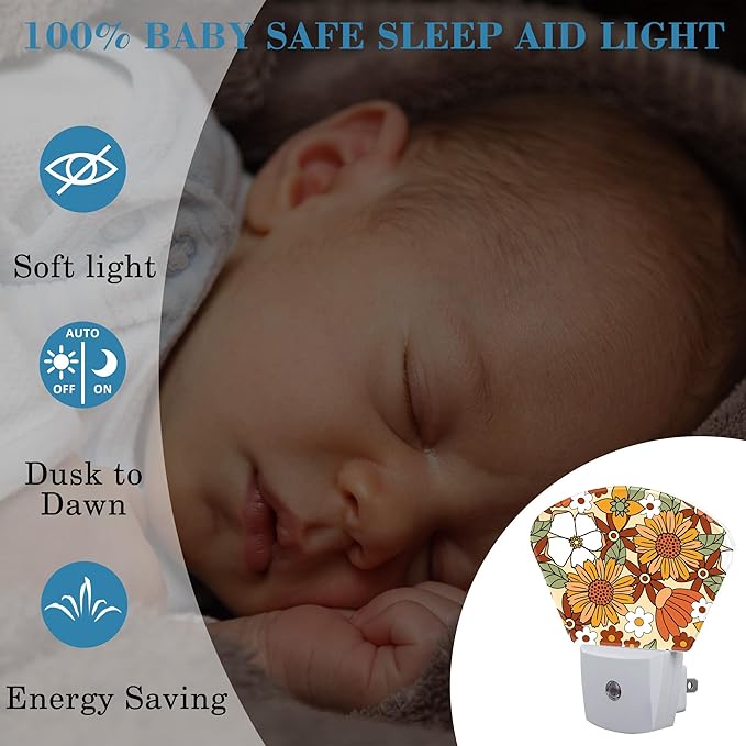 Retro Floral Plug in Night Lights, Groovy Flower Nightlight Plug Into Wall Dusk to Dawn Sensor for Kid Girls Boys Women Men Bedroom, Hallway, Kitchen, Bathroom, Stairs Decor