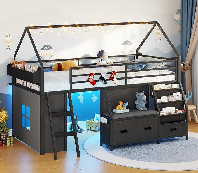 ADORNEVE Low Loft Bed Twin Size with Bookshelf, Reading Nook & 3 Drawers | Kids Loft Bed, LED, Storage Drawers, Beside Box, Under-Bed Play Space,Safety Guardrail, Inclined Ladde, Play Curtain, Black