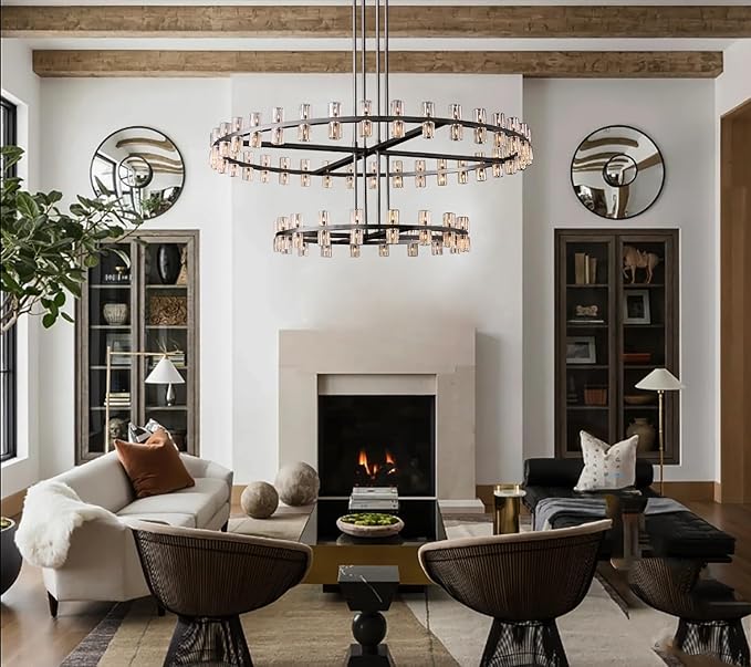 D32''+D40'' Large Black Wagon Wheel Chandelier 72-Lights Black Round Chandeliers Glass Chandeliers for Dining Room,Living Room Vintage Chandelier