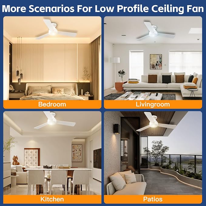42 Inch Ceiling Fans with Lights And Remote, 3CCT/Flush Mount/6 Speed/White | Flush Mount Low Profile Ceiling Fan, 6 Speed Noiseless LED Ceiling Fan, White Ceiling Fan with Remote for Bedroom Living Room