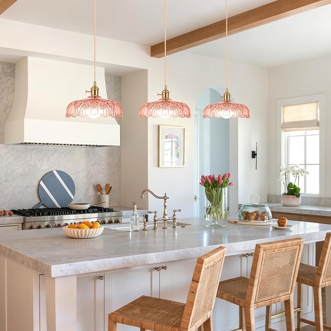 Battery Operated Pendant Light,Vintage Light Fixtures RGB Light Bulb 2500mAh 9.4in Pink Modern Chandelier with Remote Control Wireless Adjustable Rechargeable Chandelier for Kitchen Island 1Light