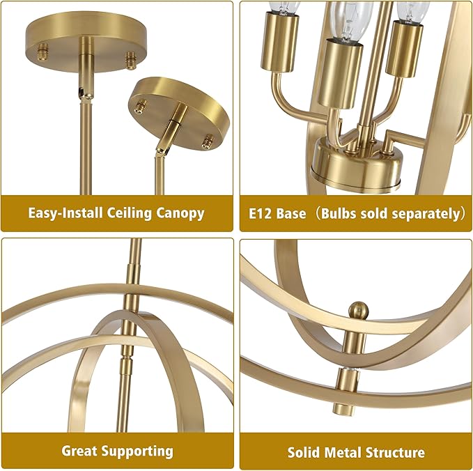 LASENCHOO 4 Lights Gold Chandelier for Dining Room Light Fixture, Modern Farmhouse Chandeliers for Entryway Foyer Lighting Fixtures, Metal Geometric Lantern Pendant Light Kitchen Island with E12 Base